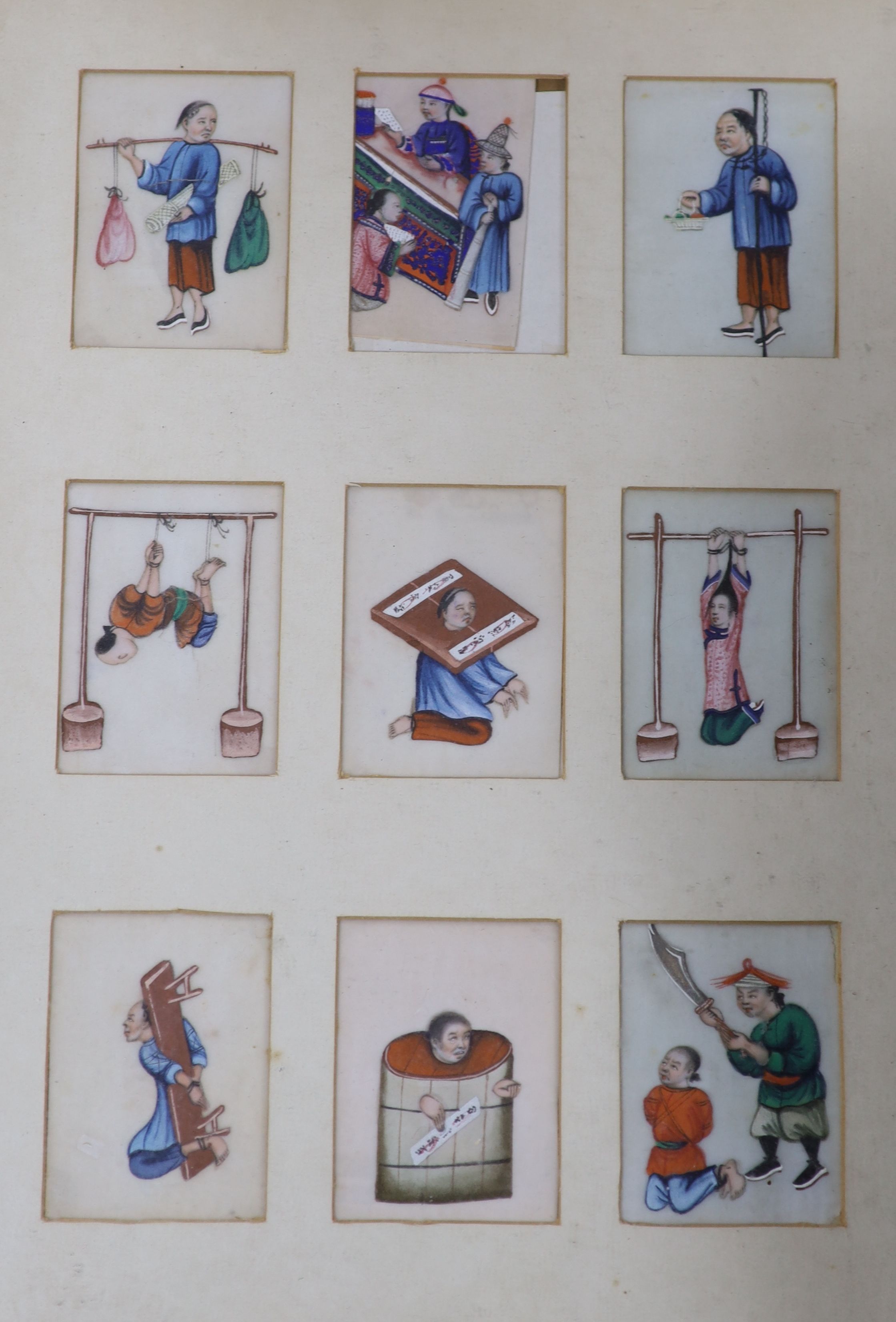 19th century Chinese School, nine gouaches on pith paper, Torture and Execution scenes, 8 x 6cm, framed as one